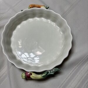 Vintage Fitz And Floyd 10" Dia Pie Plate Serving Vegetables Decor Handles White